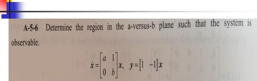 A 5 6 Determine The Region In The A Versus B Plane Such That The System Is Observable X A 1 B X Y 1 1 X 1