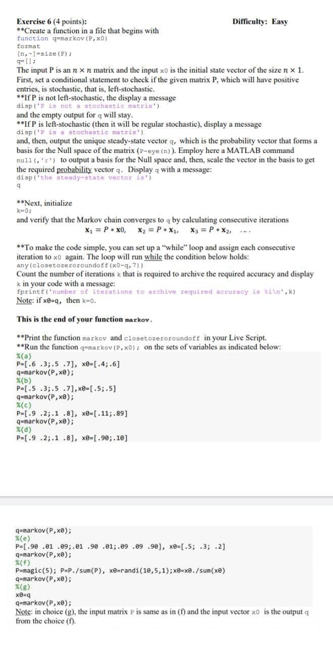 Exercise 6 4 Points Create A Function In A File That Begins With Function Q Markov P X0 Format N Size P Q 1