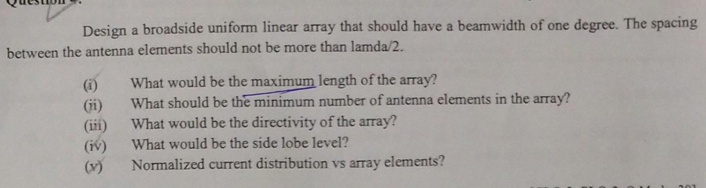 Design A Broadside Uniform Linear Array That Should Have A Beamwidth Of One Degree The Spacing Between The Antenna Elem 1