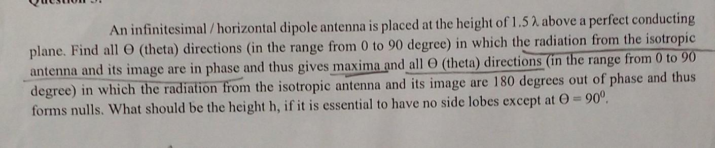 An Infinitesimal Horizontal Dipole Antenna Is Placed At The Height Of 1 5 2 Above A Perfect Conducting Plane Find All 1
