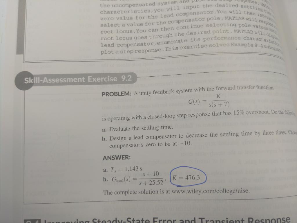 Sponse Tai The Uncompensated System And P Characteristics You Will Input The Desired Settling Tim Zero Value For The L 1