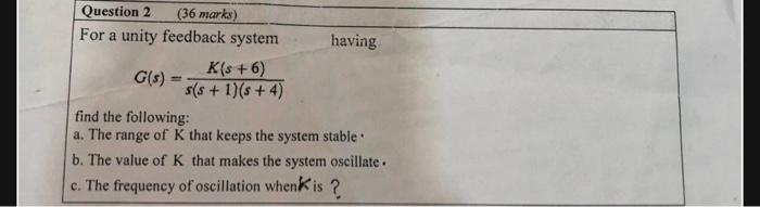 Question 2 36 Marks For A Unity Feedback System G S K S 6 S S 1 S 4 Having Find The Following A The Range 1