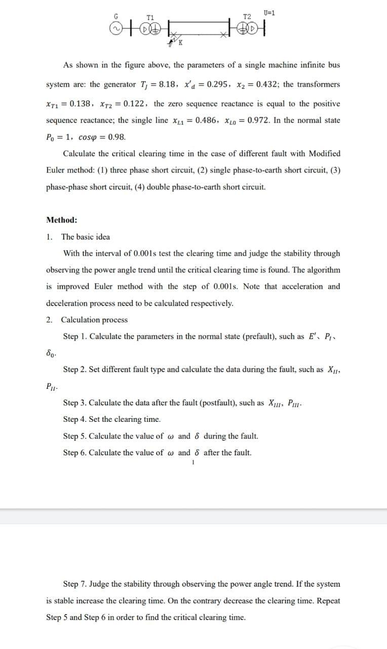 U 1 G Ti T2 Stoere 1004 As Shown In The Figure Above The Parameters Of A Single Machine Infinite Bus System Are The Ge 1