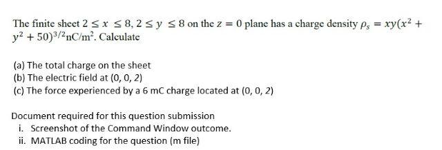 The Finite Sheet 2 X 8 2 Y 8 On The Z 0 Plane Has A Charge Density P Xy X Y 50 Nc M Calculate A 1