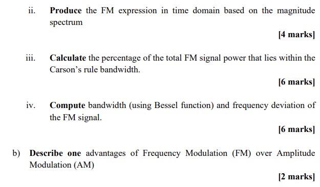 1 A The Magnitude Spectrum Of A Cosine Tone Modulated Fm Frequency Modulation Signal Is Shown In Figure Q1 A The S 2