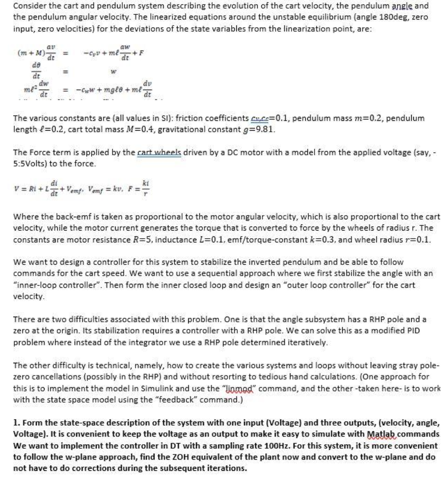 Consider The Cart And Pendulum System Describing The Evolution Of The Cart Velocity The Pendulum Angle And The Pendulum 1