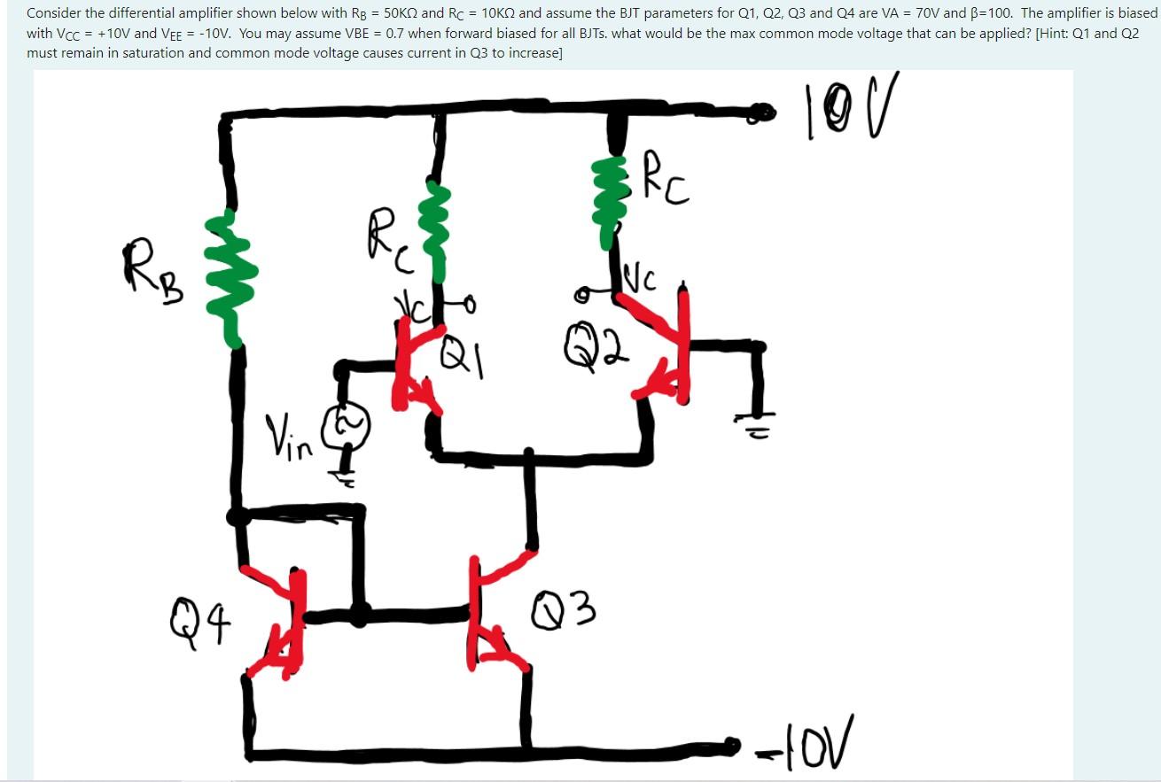 Consider The Differential Amplifier Shown Below With Rb 50k And Rc 10k2 And Assume The Bjt Parameters For Q1 Q2 Q3 1