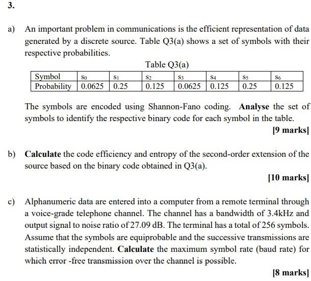 3 A An Important Problem In Communications Is The Efficient Representation Of Data Generated By A Discrete Source Tab 1
