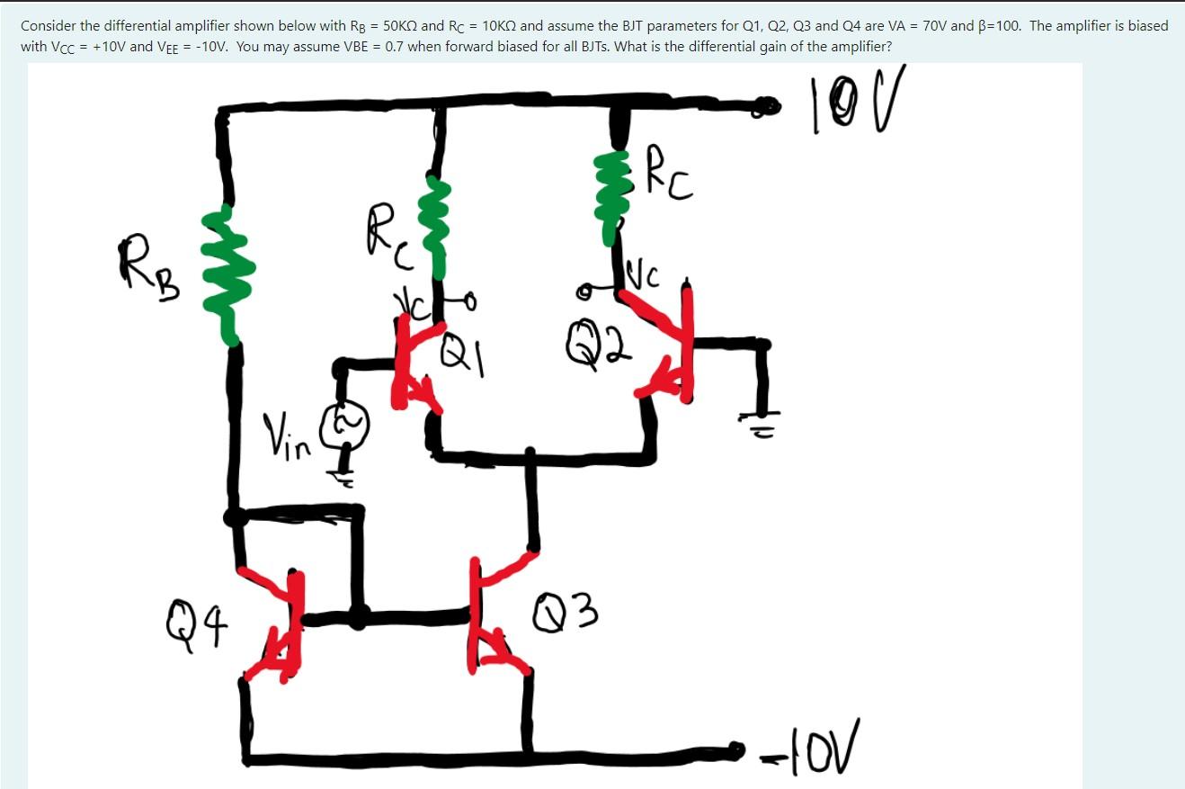 Consider The Differential Amplifier Shown Below With Rb 50kq And Rc 10k2 And Assume The Bjt Parameters For Q1 Q2 Q 1
