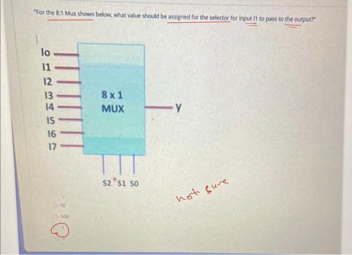 For The 8 1 Mux Shown Below What Value Should Be Assigned For The Selector For Input I1 To Pass To The Output Lo 11 1 1