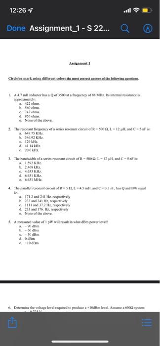 12 26 Done Assignment 1 S 22 Circleor Mark Using Different Colors The Most Correct Answer Of The Following Usin Ass 1