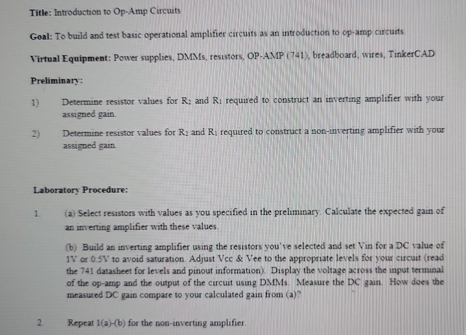 Title Introduction To Op Amp Circuits Goal To Build And Test Basic Operational Amplifier Circuits As An Introduction T 1