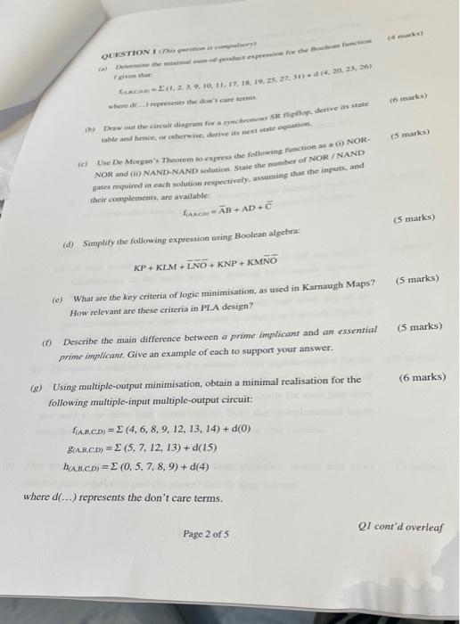E Question I This Question Is Compulsory A Determine The Minimal Sun Of Peocact Expression For The Boolean Function 1