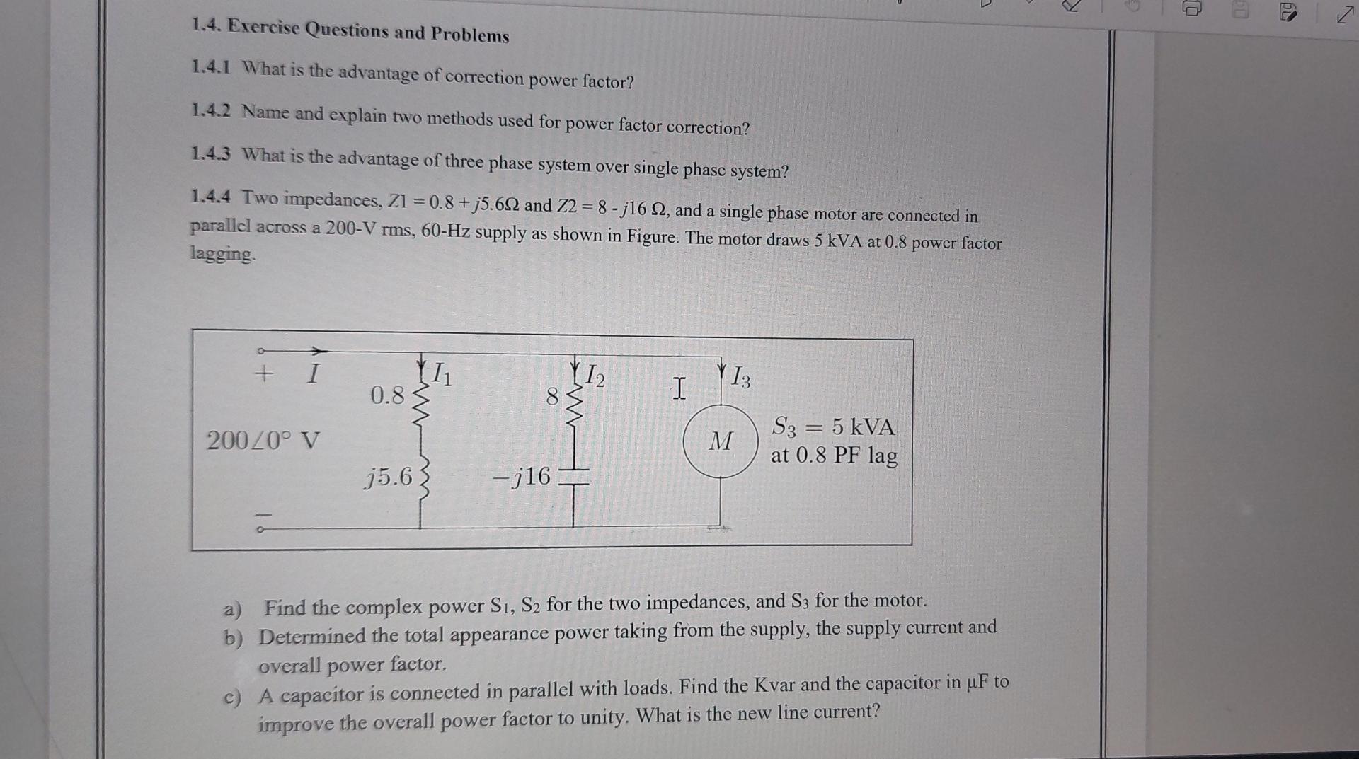 1 4 Exercise Questions And Problems 1 4 1 What Is The Advantage Of Correction Power Factor 1 4 2 Name And Explain Two 1