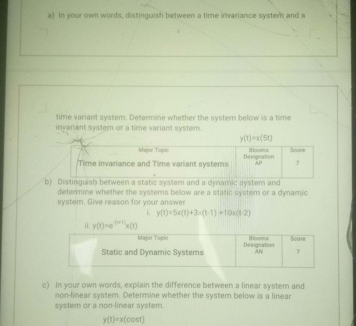A In Your Own Words Distinguish Between A Time Invariance System And A Time Variant System Determine Whether The Syst 1