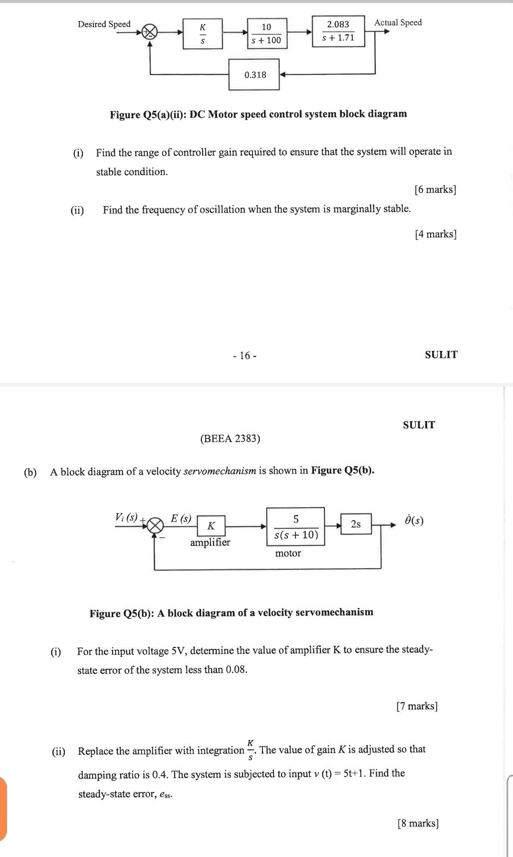 Desired Speed Ii K S 10 S 100 Vi S 0 318 Figure Q5 A Ii Dc Motor Speed Control System Block Diagram 1 Find Th 1