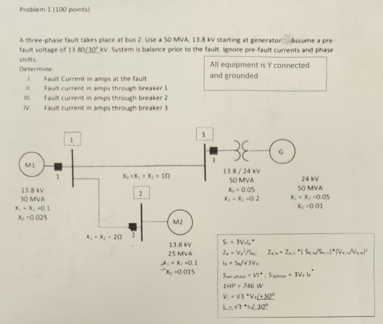 Problem 1 100 Points A Three Phase Fault Takes Place At Bus 2 Use A 50 Mva 13 8 Kv Starting At Generator Assume A Pr 1