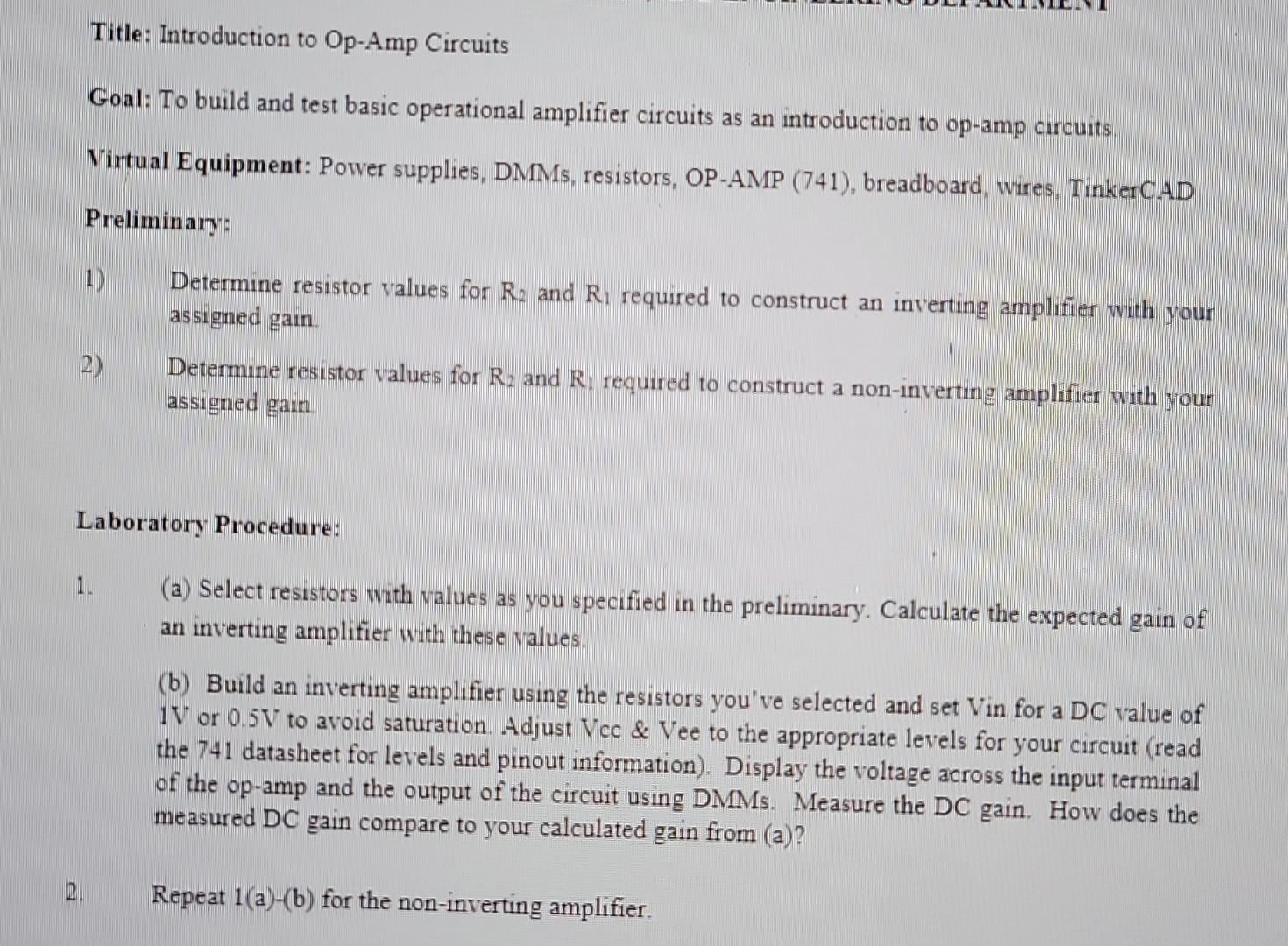Title Introduction To Op Amp Circuits Goal To Build And Test Basic Operational Amplifier Circuits As An Introduction T 1