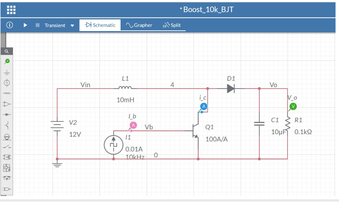 Boost 10k Bjt Transient Schematic Grapher St Split A L1 D1 Vin 4 Vo 10mh Ic Vo I B V2 C1 R1 Ti Cu S A Yol 03 A Hue 1