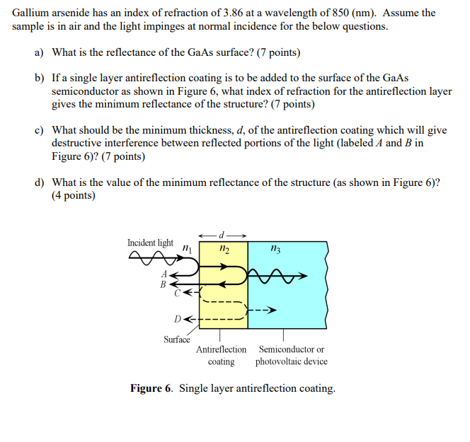 Gallium Arsenide Has An Index Of Refraction Of 3 86 At A Wavelength Of 850 Nm Assume The Sample Is In Air And The Lig 1