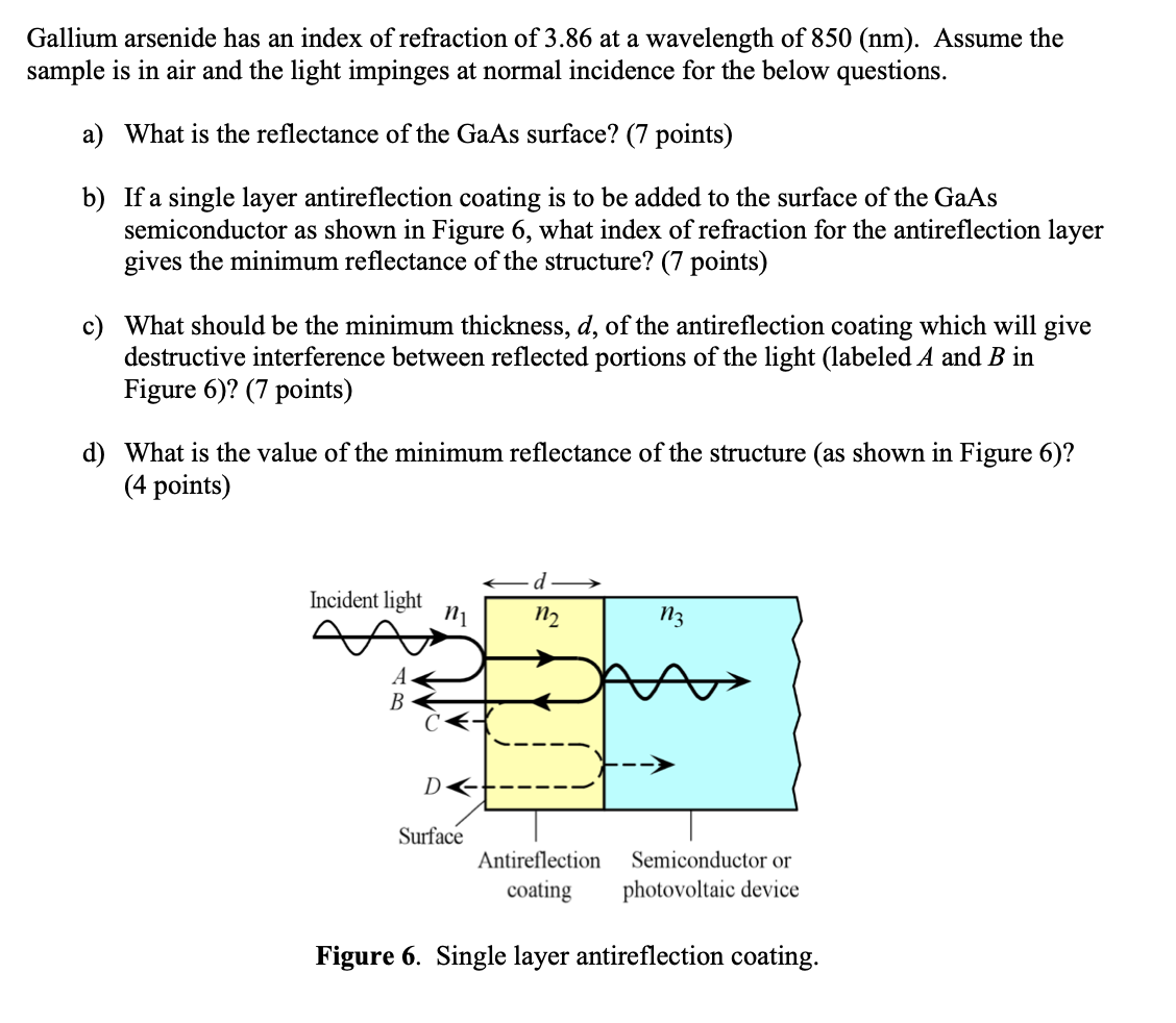 Gallium Arsenide Has An Index Of Refraction Of 3 86 At A Wavelength Of 850 Nm Assume The Sample Is In Air And The Lig 1