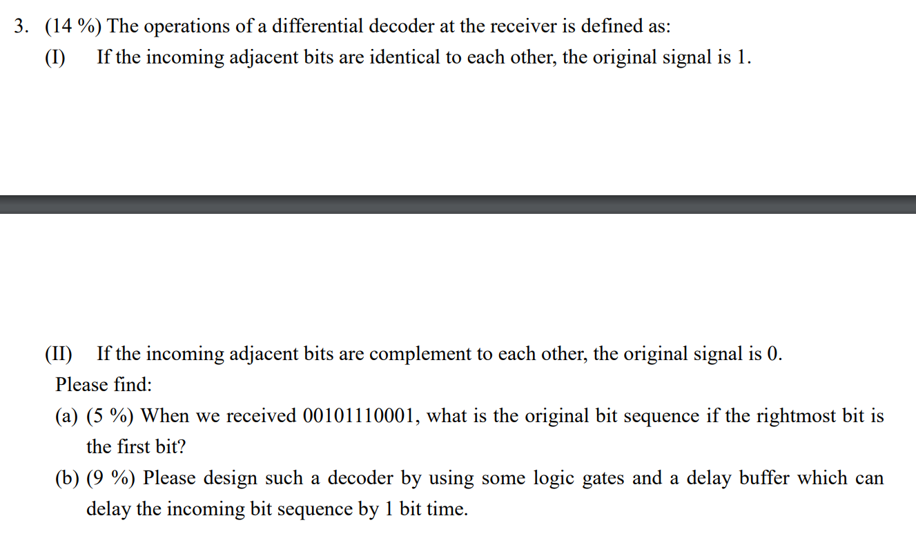 3 14 The Operations Of A Differential Decoder At The Receiver Is Defined As 1 If The Incoming Adjacent Bits Are 1