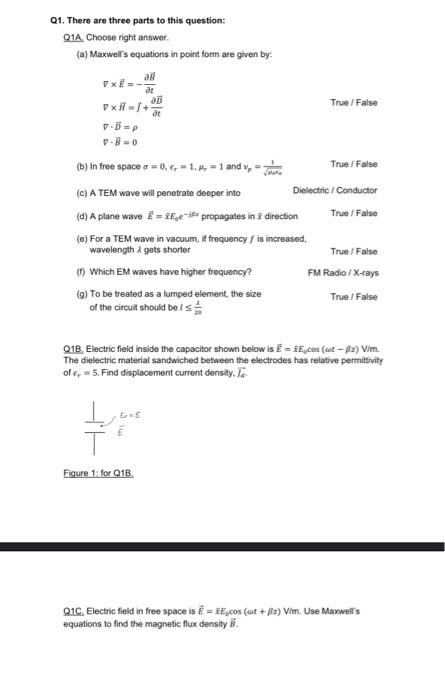 Q1 There Are Three Parts To This Question Q1a Choose Right Answer A Maxwell S Equations In Point Form Are Given By 1