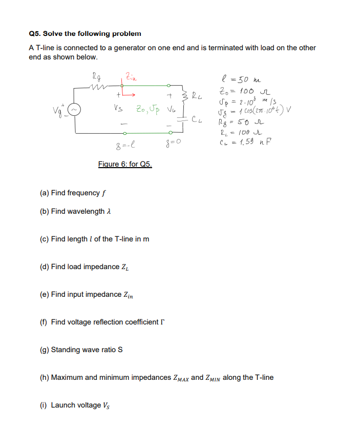 Q5 Solve The Following Problem A T Line Is Connected To A Generator On One End And Is Terminated With Load On The Other 1