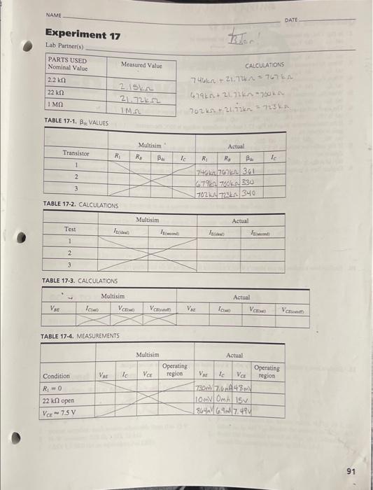 Name Experiment 17 Lab Partner S Parts Used Nominal Value 2 2 K 22 Kn 1 Mo Table 17 1 B Values Transistor 1 Ve 2 3 Tab 1