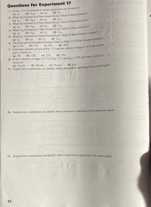 Name Experiment 17 Lab Partner S Parts Used Nominal Value 2 2 K 22 Kn 1 Mo Table 17 1 B Values Transistor 1 Ve 2 3 Tab 3