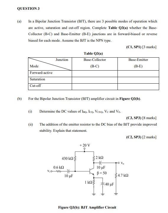 Question 3 A In A Bipolar Junction Transistor Bjt There Are 3 Possible Modes Of Operation Which Are Active Saturat 1