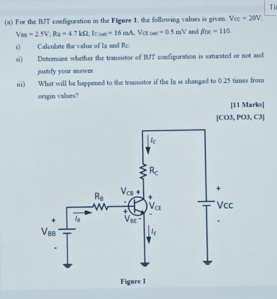 A For The Bjt Configuration In The Figure 1 The Following Values Is Given Vcc 20v Vbb 2 5v Rb 4 7 Ks2 Ic At 1