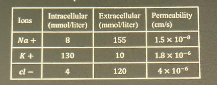 Ions Na K Cl Intracellular Extracellular Mmol Liter Mmol Liter 8 155 130 10 120 4 Permeability Cm S 1 5 X 10 8 1