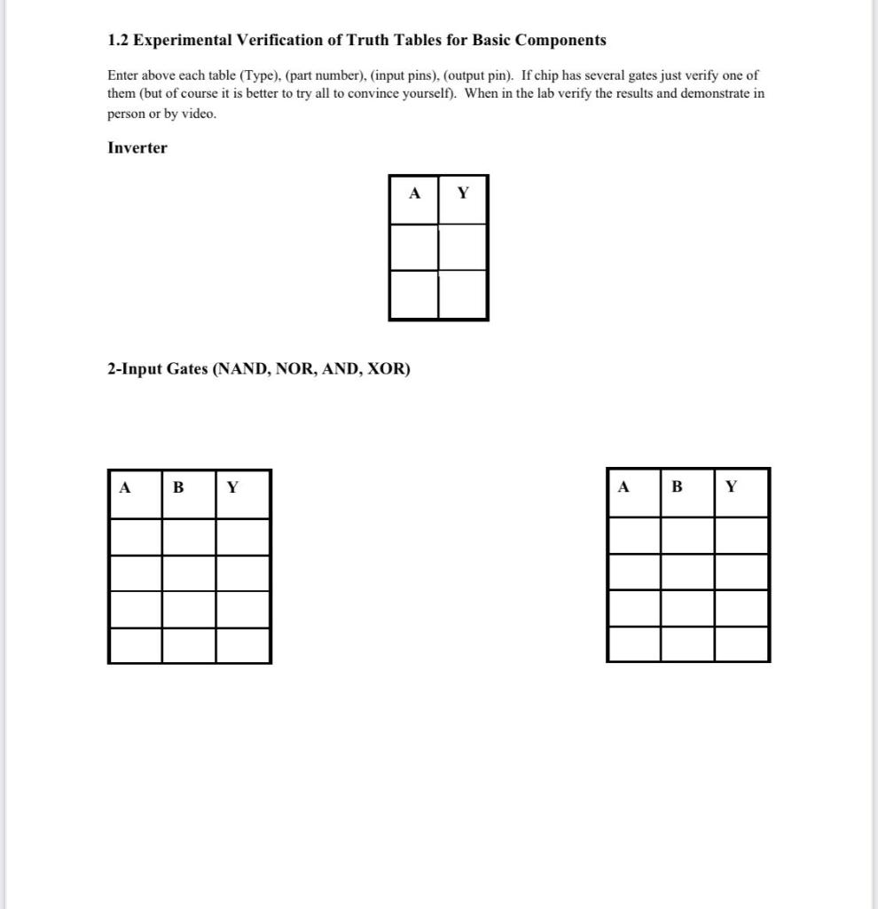 1 2 Experimental Verification Of Truth Tables For Basic Components Enter Above Each Table Type Part Number Input 1