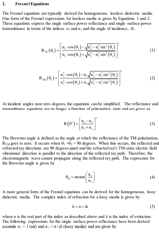 2 Fresnel Equations The Fresnel Equations Are Typically Derived For Homogeneous Lossless Dielectric Media One Form Of 1