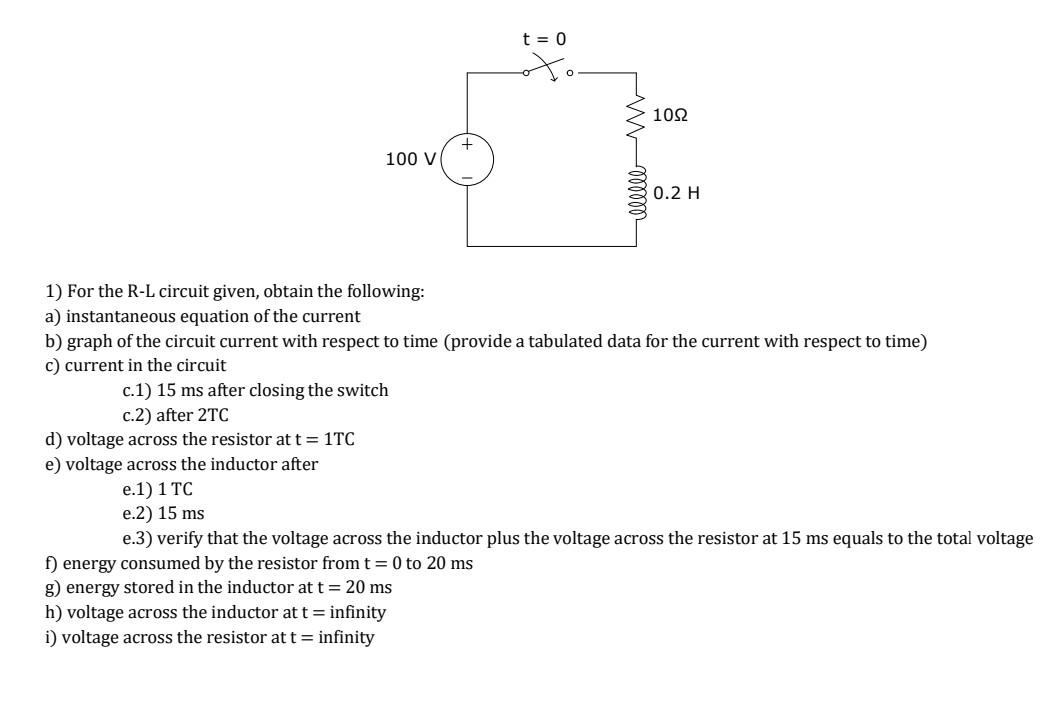 100 V C 1 15 Ms After Closing The Switch C 2 After 2tc D Voltage Across The Resistor At T 1tc E Voltage Across The 1