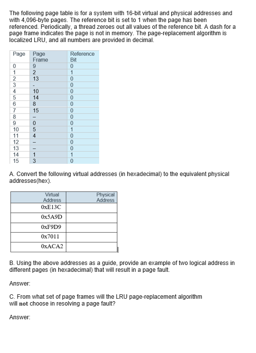 The Following Page Table Is For A System With 16 Bit Virtual And Physical Addresses And With 4 096 Byte Pages The Refer 1