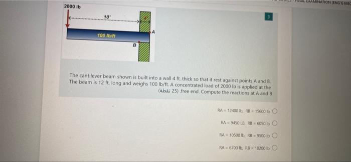 2000 Lb 10 100 Lb Ft The Cantilever Beam Shown Is Built Into A Wall 4 Ft Thick So That It Rest Against Points A And B 1