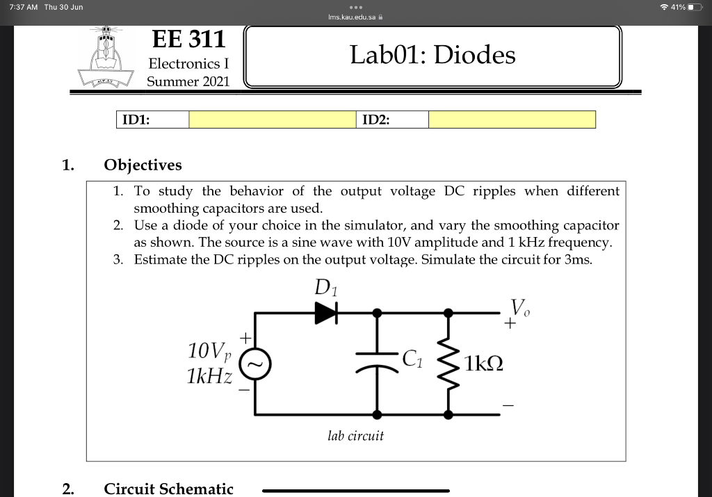 7 37 Am Thu 30 Jun 1 2 00 Roth Ee 311 Electronics I Summer 2021 Id1 10vp 1khz Ims Kau Edu Sa Circuit Schematic Lab01 1