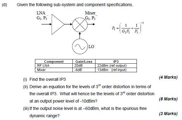D Given The Following Sub System And Component Specifications Lna G P3 Component Rf Lna Mixer Mixer G P3 Lo Gain 1