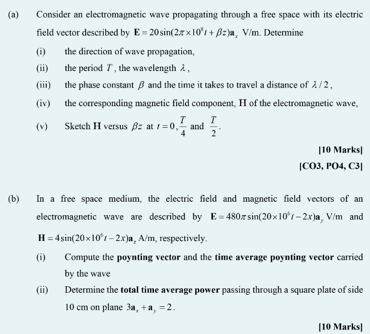 A Consider An Electromagnetic Wave Propagating Through A Free Space With Its Electric Field Vector Described By E 20 1