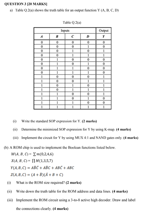 Question 3 20 Marks A Table Q 2 A Shows The Truth Table For An Output Function Y A B C D A 0 0 0 0 0 0 0 0 1 1 1