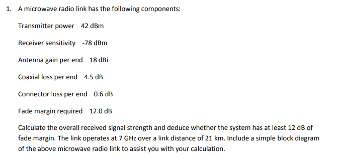 1 A Microwave Radio Link Has The Following Components Transmitter Power 42 Dbm Receiver Sensitivity 78 Dbm Antenna Ga 1