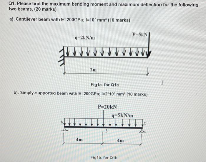 Q1 Please Find The Maximum Bending Moment And Maximum Deflection For The Following Two Beams 20 Marks A Cantilever 1