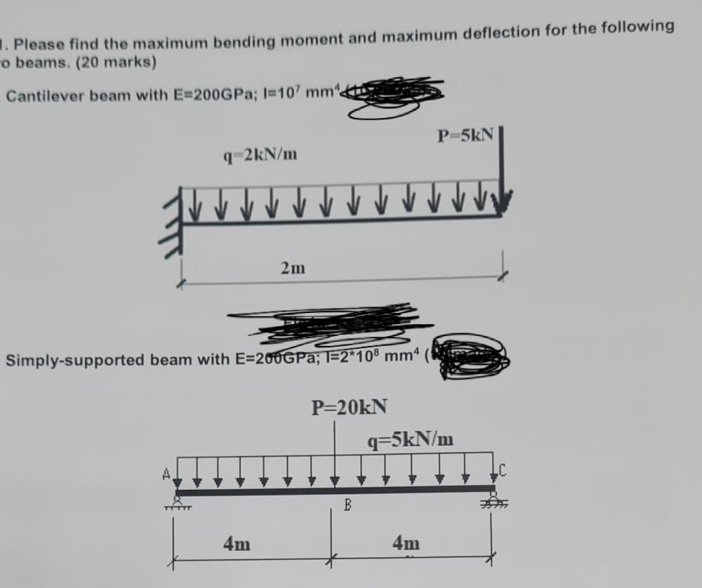 Please Find The Maximum Bending Moment And Maximum Deflection For The Following To Beams 20 Marks Cantilever Beam W 1