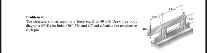 Problem 4 The Structure Shown Supports A Force Equal To 40 Kn Draw Free Body Diagrams Fbd For Links Abc Bd And Ce 1