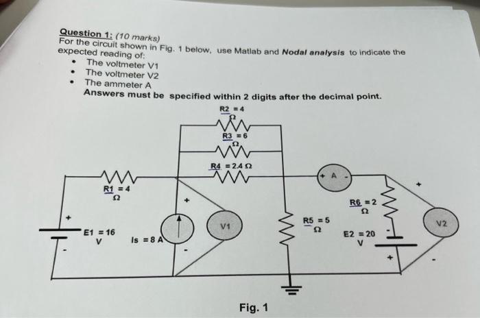 Question 1 10 Marks Expected Reading Of For The Circuit Shown In Fig 1 Below Use Matlab And Nodal Analysis To Indi 1