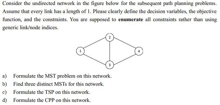 Consider The Undirected Network In The Figure Below For The Subsequent Path Planning Problems Assume That Every Link Ha 1