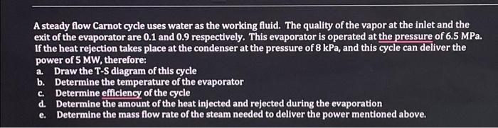 A Steady Flow Carnot Cycle Uses Water As The Working Fluid The Quality Of The Vapor At The Inlet And The Exit Of The Ev 1