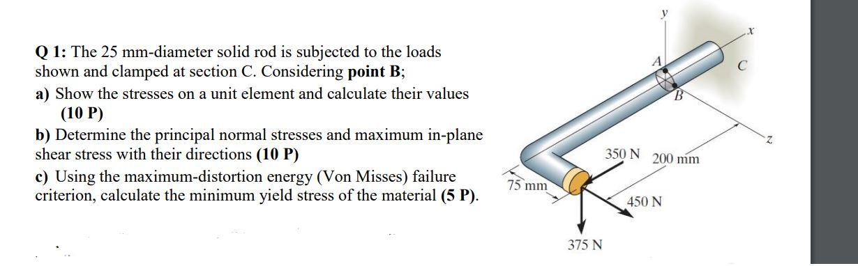 Q1 The 25 Mm Diameter Solid Rod Is Subjected To The Loads Shown And Clamped At Section C Considering Point B A Show 1